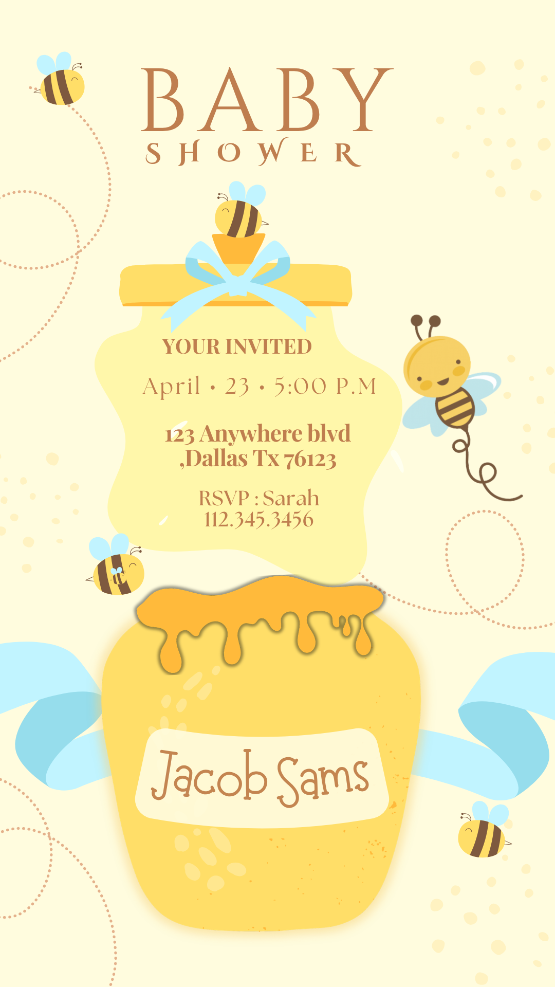 Luxury Honey Bee and Honey Pot Baby Shower Invitation - Digital Download