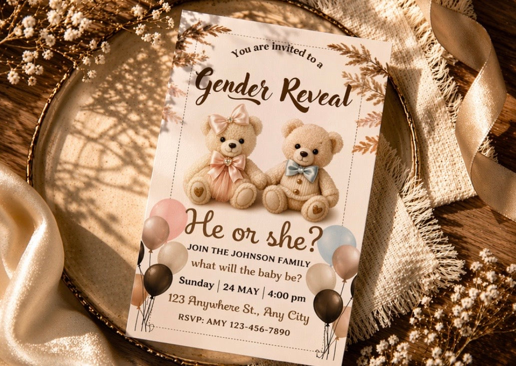 Luxury Teddy Bear Gender Reveal Invitation Vol. 2 – Digital Download