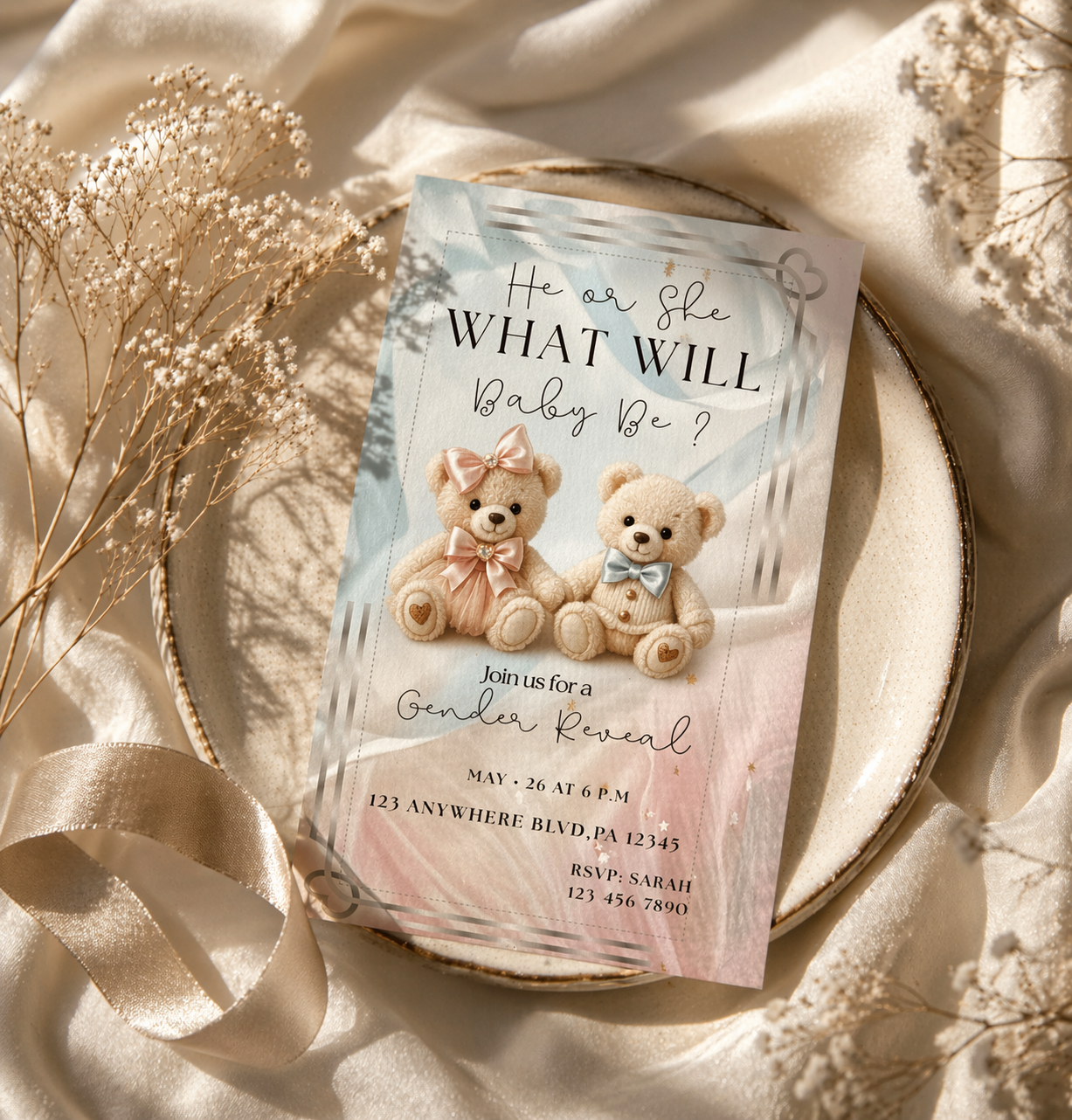 Luxury Teddy Bear Gender Reveal Invitation – Digital Download