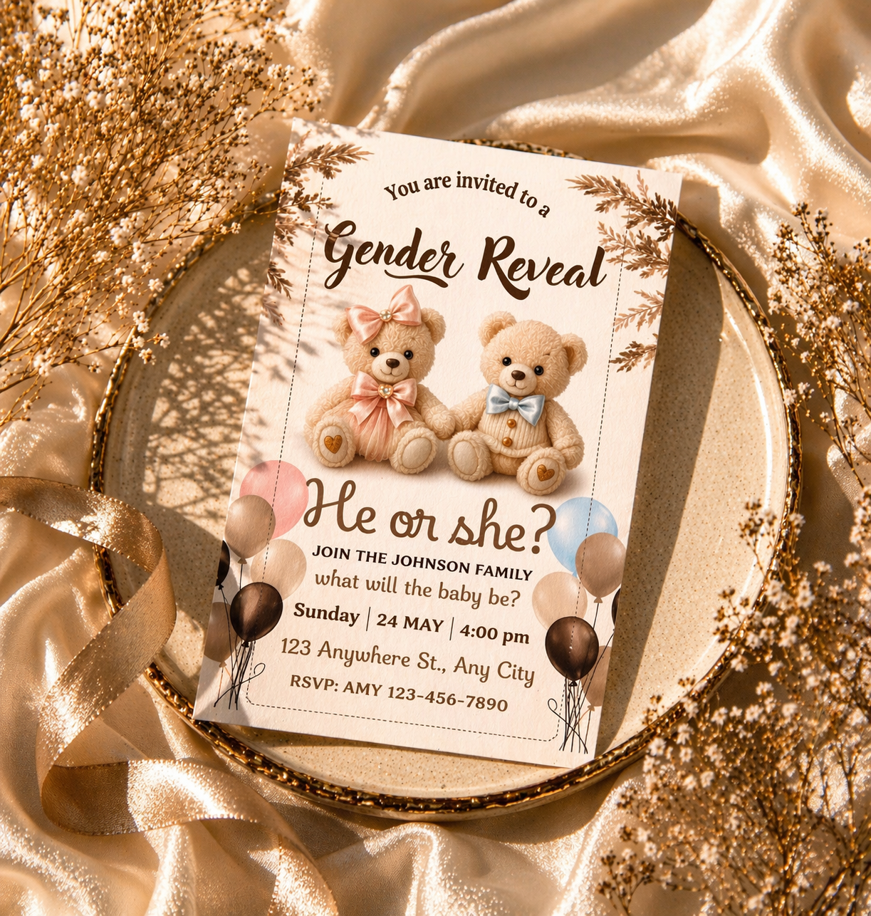 Luxury Teddy Bear Gender Reveal Invitation Vol. 2 – Digital Download