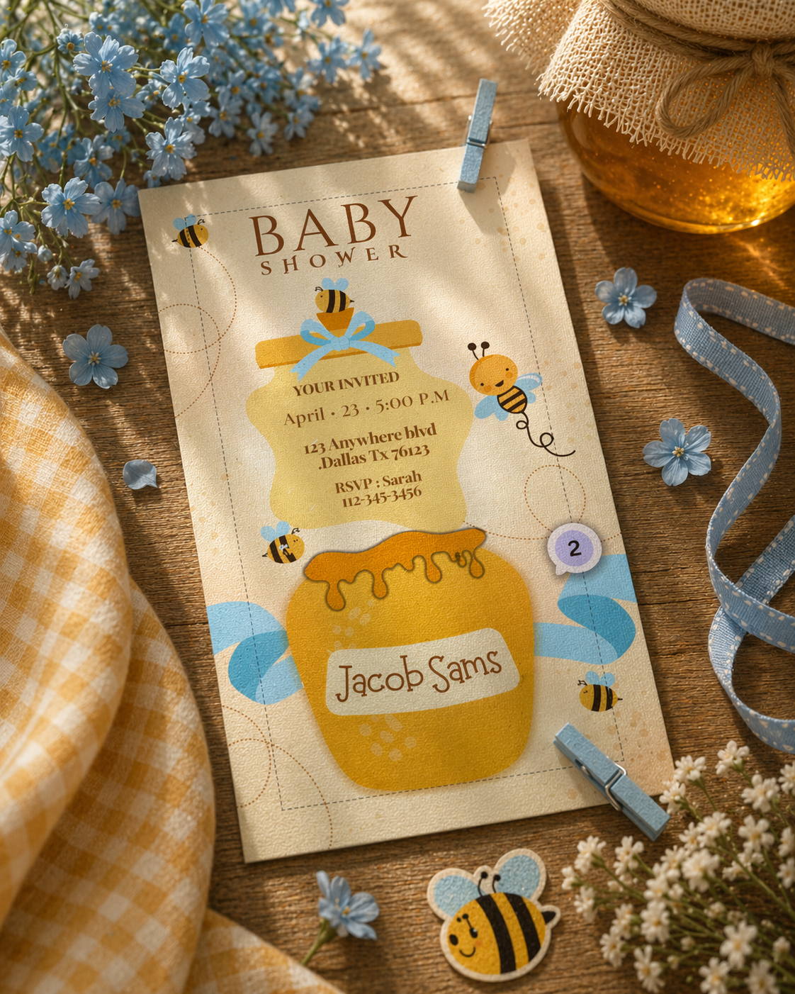 Luxury Honey Bee and Honey Pot Baby Shower Invitation - Digital Download