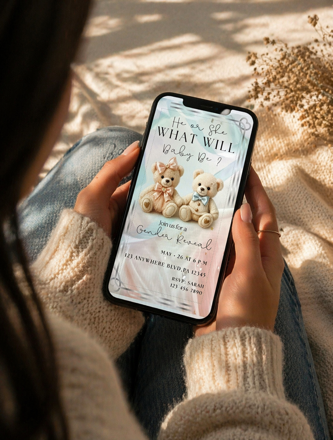 Luxury Teddy Bear Gender Reveal Invitation – Digital Download
