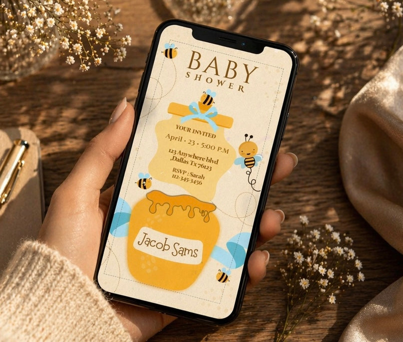 Luxury Honey Bee and Honey Pot Baby Shower Invitation - Digital Download