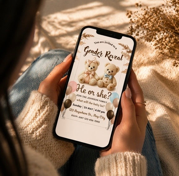 Luxury Teddy Bear Gender Reveal Invitation Vol. 2 – Digital Download
