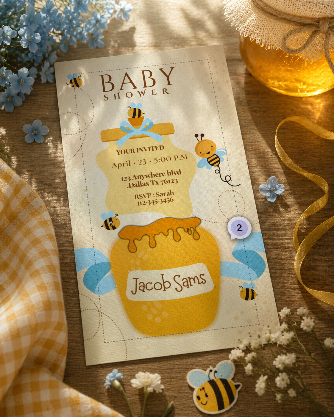 Luxury Honey Bee and Honey Pot Baby Shower Invitation - Digital Download