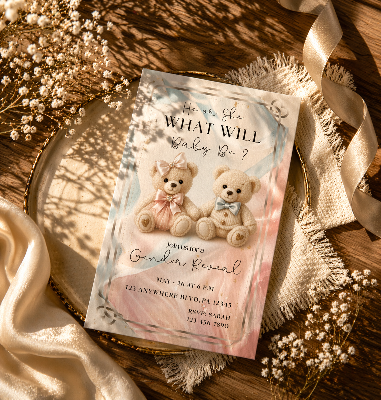Luxury Teddy Bear Gender Reveal Invitation – Digital Download