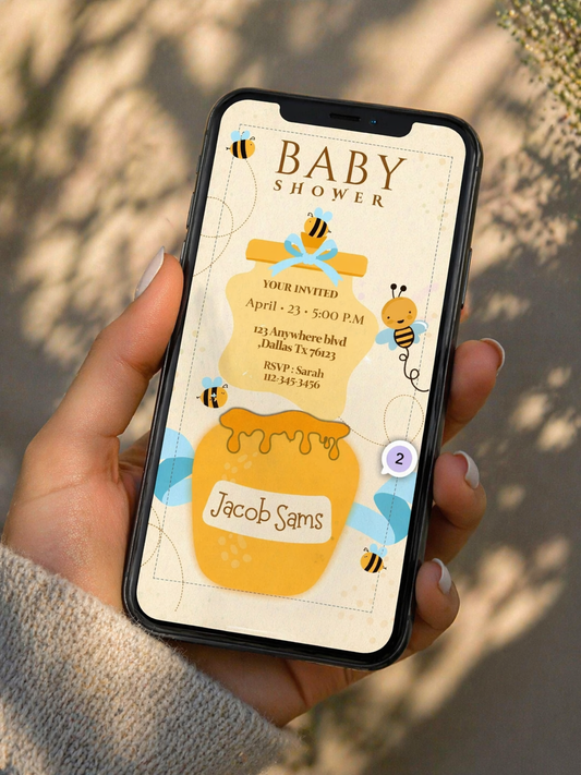 Luxury Honey Bee and Honey Pot Baby Shower Invitation - Digital Download