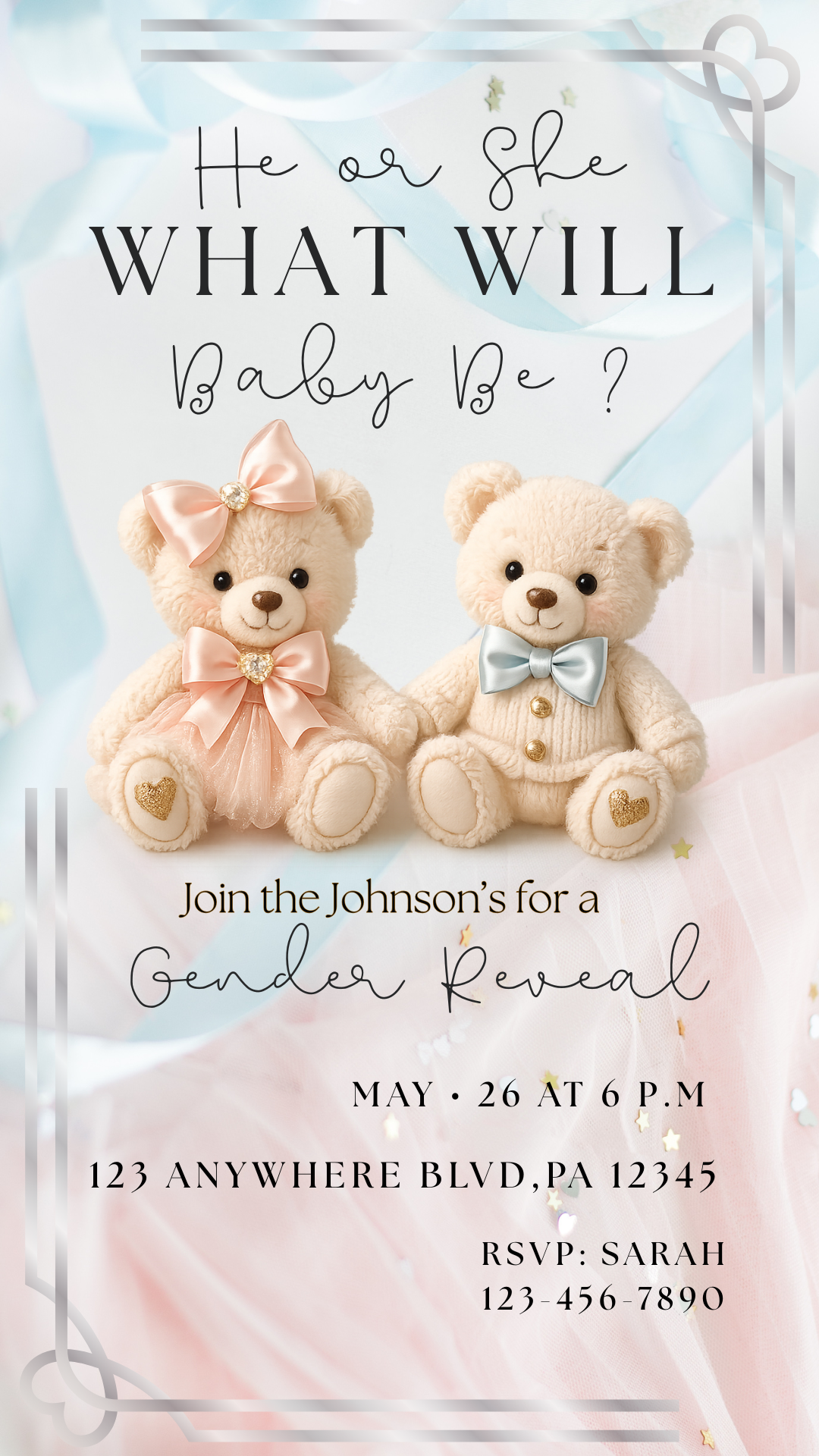 Luxury Teddy Bear Gender Reveal Invitation – Digital Download