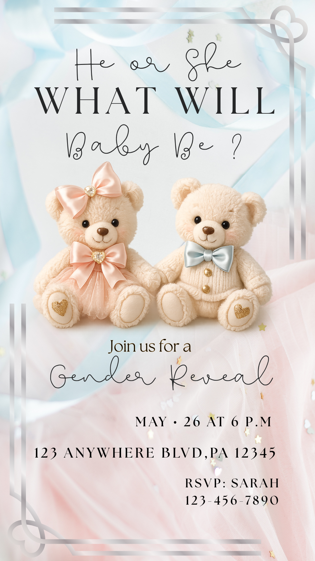 Luxury Teddy Bear Gender Reveal Invitation – Digital Download