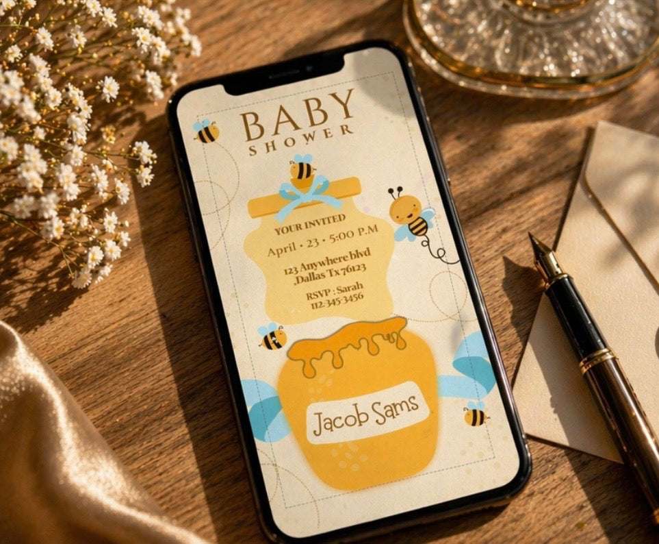 Luxury Honey Bee and Honey Pot Baby Shower Invitation - Digital Download